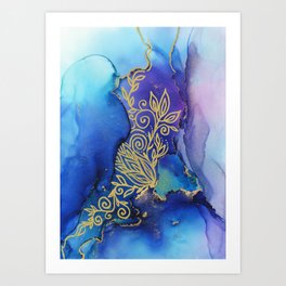 Magical Golden Blooms Abstract Ink  Art Print