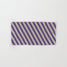 [ Thumbnail: Tan & Midnight Blue Colored Lines/Stripes Pattern Hand & Bath Towel ]