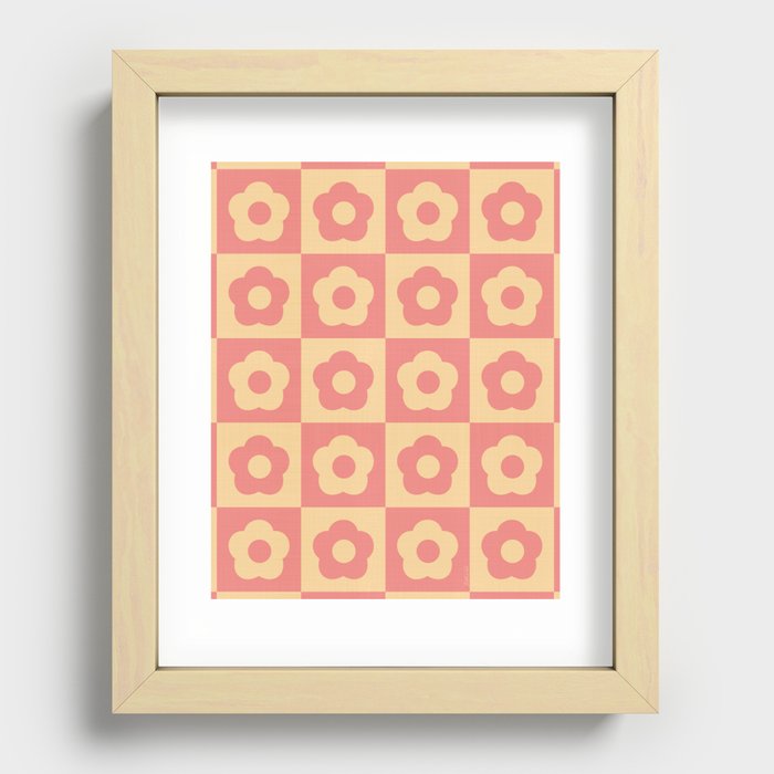 Retro Checkered Daisies 60s Pink Cream Recessed Framed Print