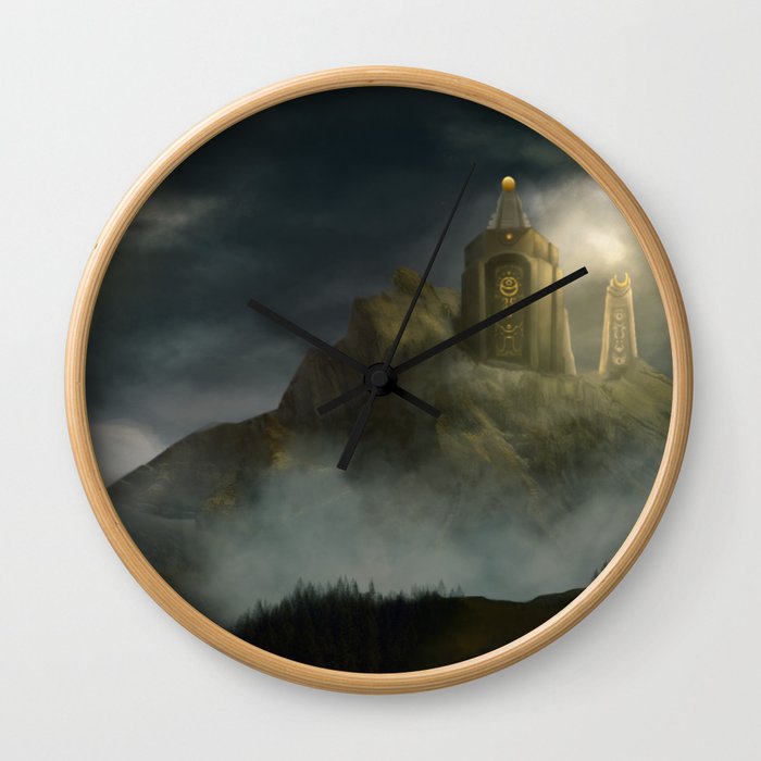 Mountain temple in the clouds Wall Clock