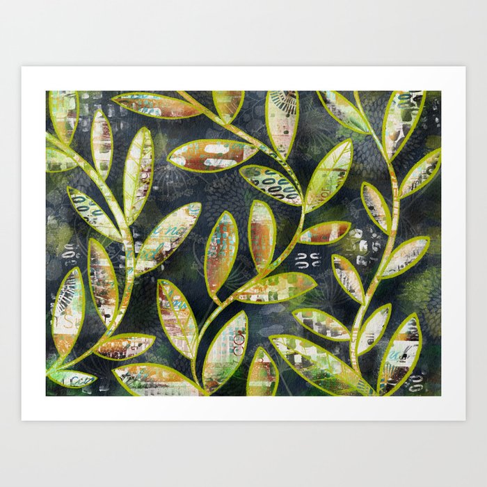 Botanical Mixed Media Navy Blue and Chartreuse  Art Print