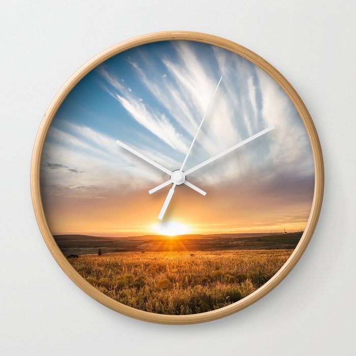 Grand Exit - Golden Sunset on the Oklahoma Prairie Wall Clock