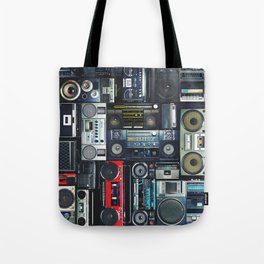 Vintage wall full of radio boombox of the 80s Tote Bag
