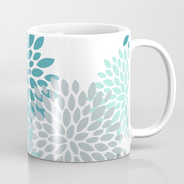 Floral Pattern, Aqua, Teal, Turquoise and Gray Coffee Mug