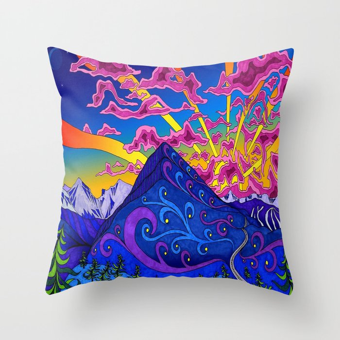 Psychedelic Colorful Lines Nature Mountain Trees Snowy Peak Moon Sun Rays Hill Road Artwork Star Sky Throw Pillow By Nexart
