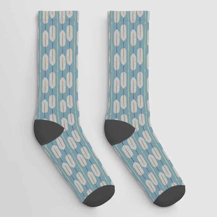 Southwestern Geometric Feathers Stripes in Modern Peacock Teal Blue Beige Black Socks