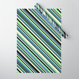 [ Thumbnail: Colorful Green, Blue, Dark Slate Gray, Light Yellow, and Black Colored Stripes/Lines Pattern Wrapping Paper ]