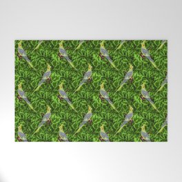 nymph birds with green leaves, seamless pattern Welcome Mat