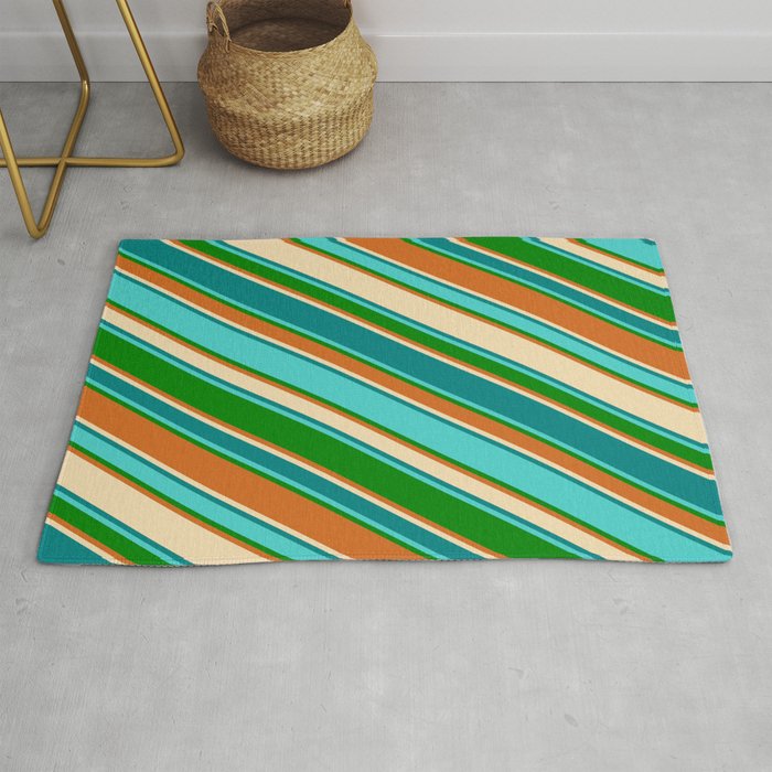 Colorful Tan, Teal, Turquoise, Green, and Chocolate Colored Lines Pattern Rug