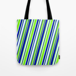 [ Thumbnail: Light Cyan, Blue & Green Colored Lined/Striped Pattern Tote Bag ]