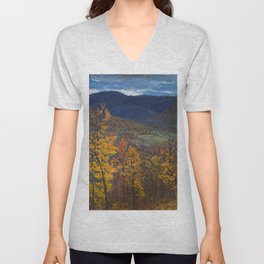 Autumn mountain vista twilight alpine birch and aspen foliage landscape painting by John Joseph Enneking V Neck T Shirt