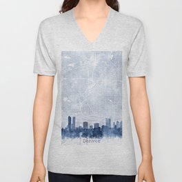 Denver Skyline & Map Watercolor Navy Blue, Print by Zouzounio Art V Neck T Shirt