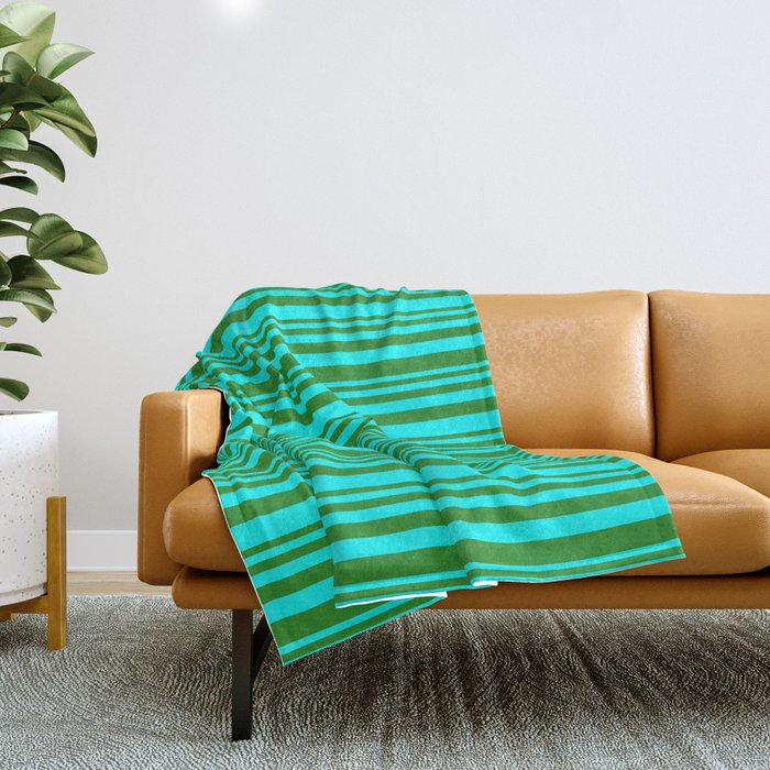 Forest Green & Cyan Colored Striped Pattern Throw Blanket