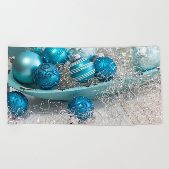Blue turquoise christmas baubles and bowl Beach Towel