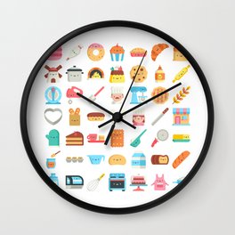 CUTE BAKERY PATTERN (CUTE CHEF BAKER) Wall Clock | Graphicdesign, Knife, Spoon, Milk, Apron, Egg, Chocolate, Cake, Bread, Coffee 