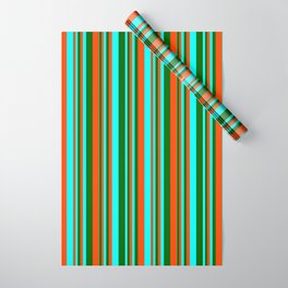 [ Thumbnail: Red, Cyan, and Dark Green Colored Lined/Striped Pattern Wrapping Paper ]