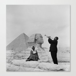 Black and White Photo of Louis Armstrong at the Egyptian Sphinx Canvas Print