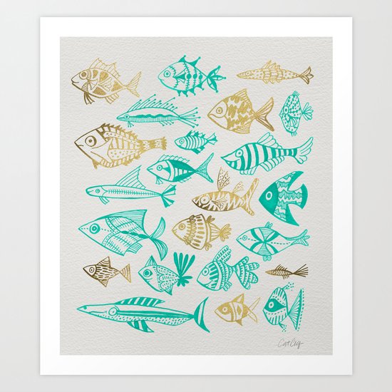 Inked Fish – Turquoise & Gold Art Print