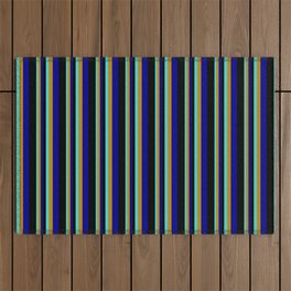 [ Thumbnail: Turquoise, Dark Goldenrod, Dark Blue & Black Colored Stripes Pattern Outdoor Rug ]