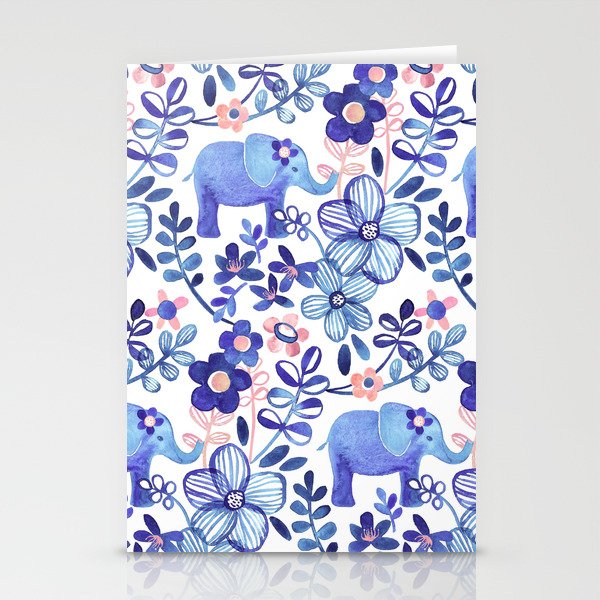 Pale Coral, White and Purple Elephant and Floral Watercolor Pattern Stationery Cards