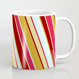 [ Thumbnail: Crimson, Tan, Dark Red, Goldenrod, and Light Cyan Colored Lines Pattern Coffee Mug ]