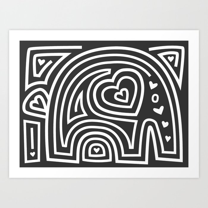 Mola Elephant (Black and White) Art Print