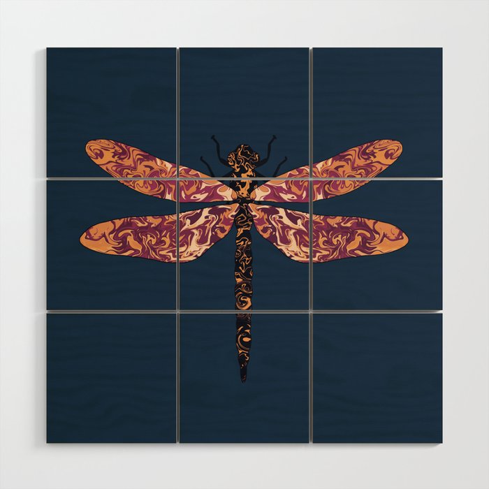 Lava swirl dragonfly pattern on blue background Wood Wall Art