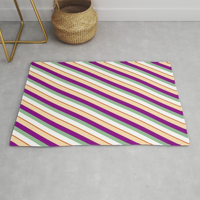 Colorful Tan, Purple, Dark Sea Green, White, and Chocolate Colored Lines/Stripes Pattern Rug