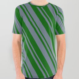 [ Thumbnail: Slate Gray and Dark Green Colored Striped/Lined Pattern All Over Graphic Tee ]