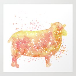 watercolor sheep orange baa wool yelllow painting paint splatter animal barn Art Print