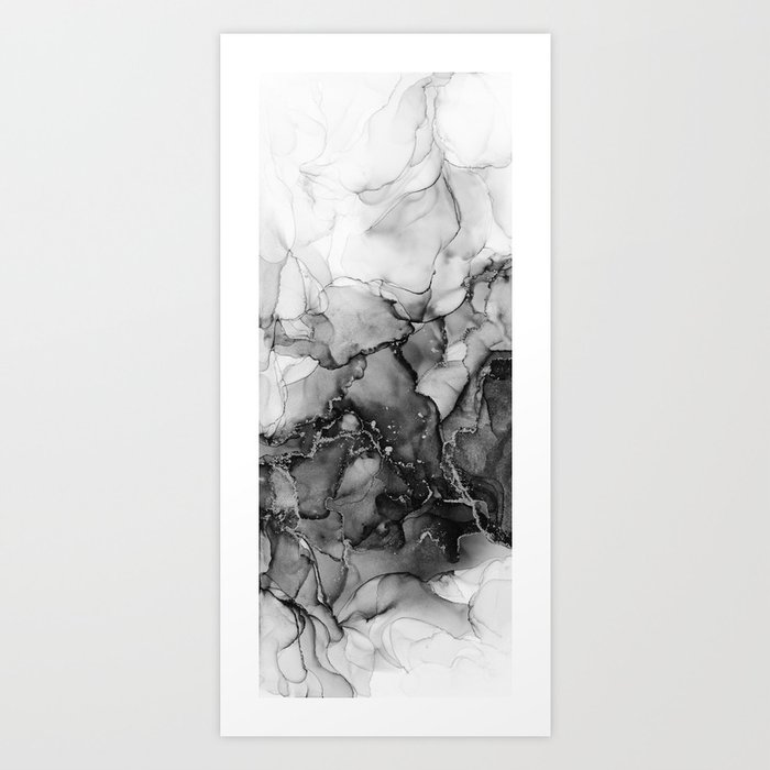 Black White Silver Marble Ink Texture Art Print