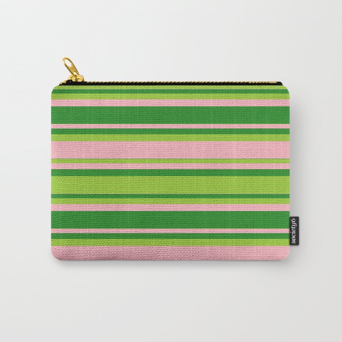 Forest Green, Green, and Light Pink Colored Lined Pattern Carry-All Pouch