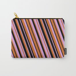 [ Thumbnail: Plum, Chocolate, and Black Colored Lines/Stripes Pattern Carry-All Pouch ]