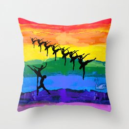 Swan lake - ballet dancer figures in rainbow colors background Throw Pillow
