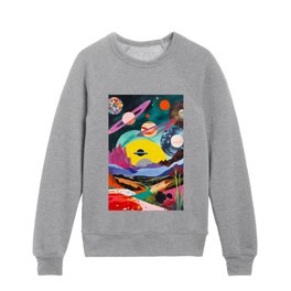 The Inner Space Landscape, Abstract Planets Painting Eclectic, Voyage Sun Moon Stars Voyage, Mountains Mars Bohemian Fantasy Kids Crewneck