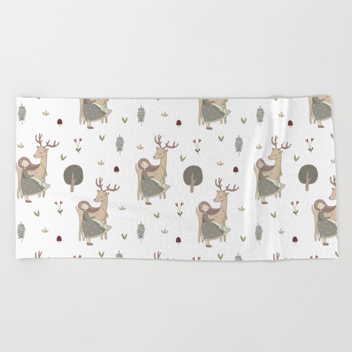 Deer and Girl off white Beach Towel