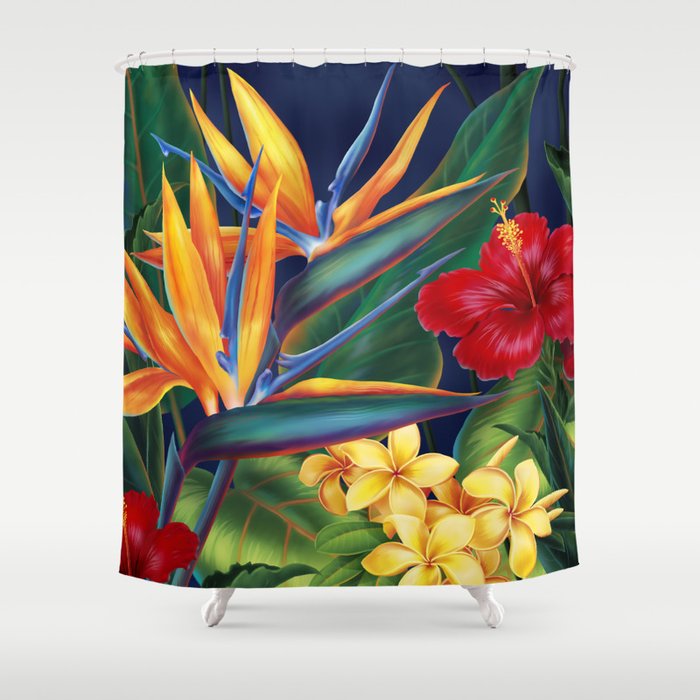 Tropical Paradise Hawaiian Floral Illustration Shower Curtain