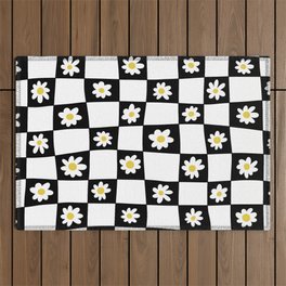 Hand Drawn Checkered Daisy Pattern (black/white/yellow) Outdoor Rug