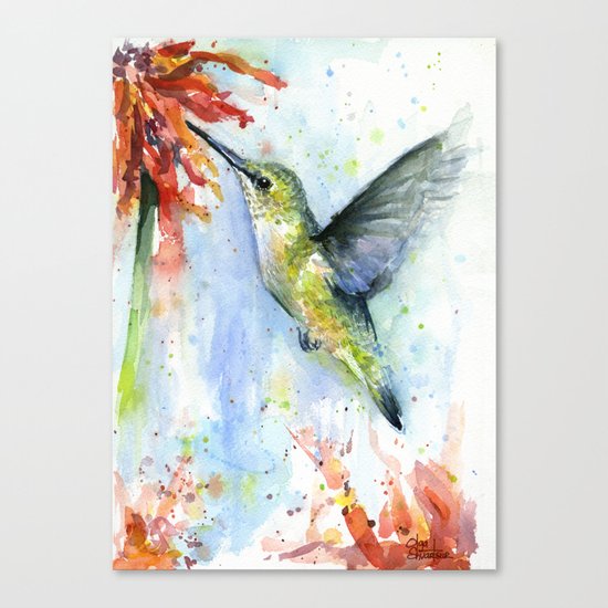 Hummingbird Red Flower Watercolor Bird Canvas Print