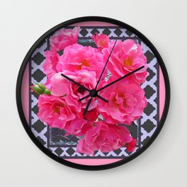 DECORATIVE PINK ROSES GREY LATTICE ART Wall Clock