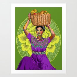 Woman with basket of fruits Art Print