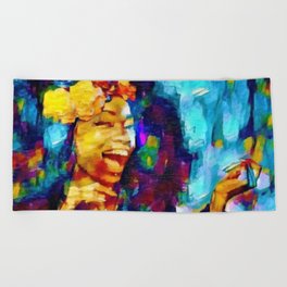 You've Got To Have Pure Joy, African American Female with Flowers in her hair Portrait Painting  Beach Towel