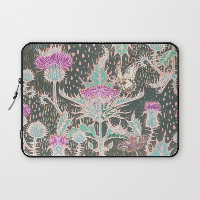 Thistle, moth, butterfly, caterpillar floral garden artwork pattern Laptop Sleeve