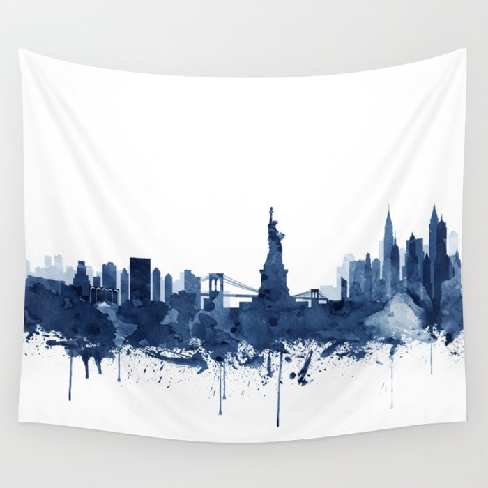 New York City Skyline Watercolor Blue, Art Print By Synplus Wall Tapestry