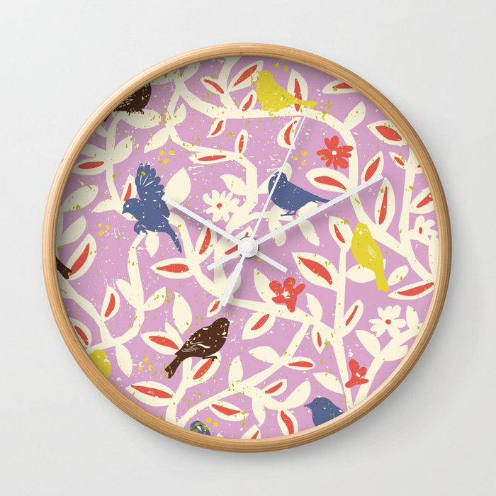 Birds in branches chalky pink Wall Clock