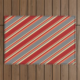 [ Thumbnail: Coral, Grey, Pale Goldenrod, and Red Colored Striped Pattern Outdoor Rug ]