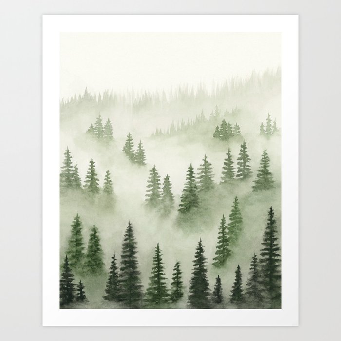 Green Trees Above the Fog III - Hunter Green Foggy Forest Watercolor, Rustic Mountain Home Style Art Art Print
