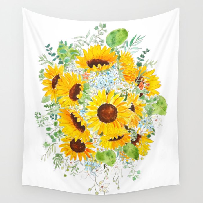yellow sunflower blue hydrangea white orchid arrangement ink and watercolor  Wall Tapestry