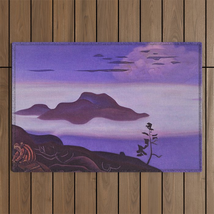 Islands in Early Morning Fog, Buried Treasure magical realism landscape painting by Nicholas Roerich Outdoor Rug