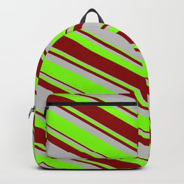 [ Thumbnail: Dark Red, Grey & Chartreuse Colored Lined/Striped Pattern Backpack ]